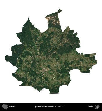 powiat kolbuszowski. Polonya idari bölgesi, Haziran 2022 'de çekilen Kopernik Nöbetçi karolarından oluşan bir uydu görüntüsü üzerinde beyaza izole edildi.