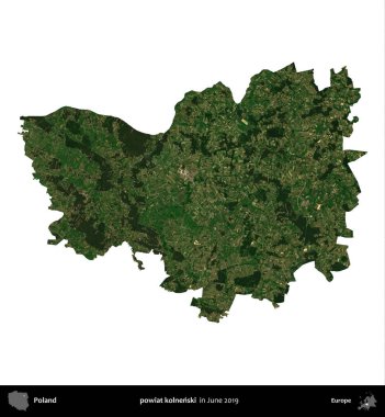 powiat kolnenski. Polonya idari bölgesi, Haziran 2019 'da çekilen Kopernik Nöbetçi karolarından oluşan bir uydu görüntüsü üzerinde beyaza izole edildi.