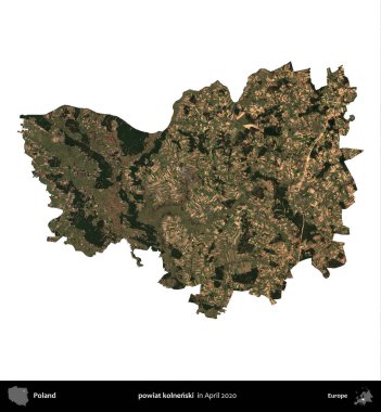 powiat kolnenski. Polonya idari bölgesi, Nisan 2020 'de çekilen Kopernik Nöbetçi karolarından oluşan bir uydu görüntüsü üzerinde beyaza izole edildi.