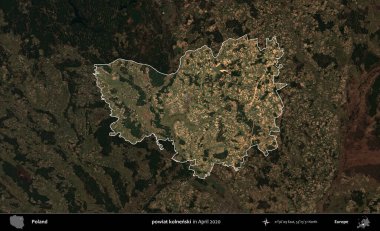 powiat kolnenski. Polonya 'nın idari alanı, Nisan 2020' de çekilen Kopernik Nöbetçi karolarından oluşan koyu renkli bir uydu görüntüsü üzerine vurgulandı ve özetlendi