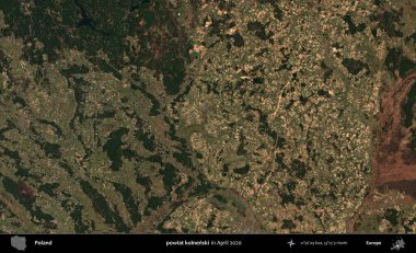 powiat kolnenski. Nisan 2020 'de Copernicus Sentinel karolarından oluşan bir uydu görüntüsü üzerine Polonya' nın idari bölgesi
