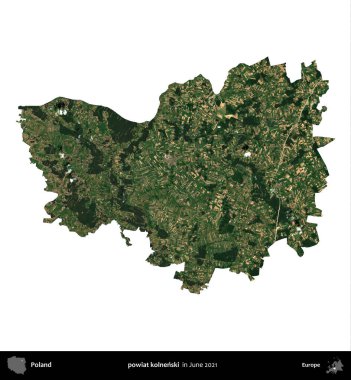 powiat kolnenski. Polonya idari bölgesi, Haziran 2021 'de çekilen Kopernik Nöbetçi karolarından oluşan bir uydu görüntüsü üzerinde beyaza izole edildi.
