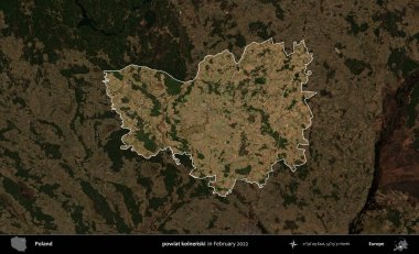 powiat kolnenski. Polonya 'nın idari alanı, Şubat 2022' de çekilen Kopernik Nöbetçi karolarından oluşan koyu renkli bir uydu görüntüsü üzerine vurgulandı ve özetlendi.