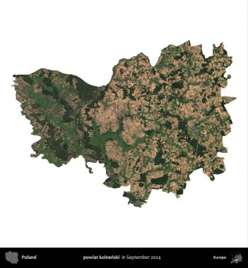 powiat kolnenski. Polonya idari bölgesi, Eylül 2024 'te çekilen Kopernik Nöbetçi karolarından oluşan bir uydu görüntüsü üzerinde beyaza izole edildi.