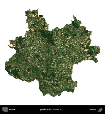 powiat kolski. Polonya idari bölgesi, Mayıs 2017 'de çekilen Kopernik Nöbetçi karolarından oluşan bir uydu görüntüsü üzerinde beyaza izole edildi.