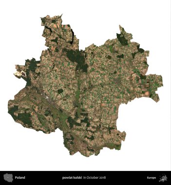 powiat kolski. Polonya idari bölgesi, Ekim 2018 'de çekilen Kopernik Nöbetçi karolarından oluşan bir uydu görüntüsü üzerinde beyaza izole edildi.