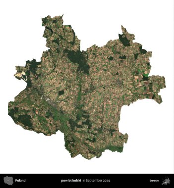 powiat kolski. Polonya idari bölgesi, Eylül 2024 'te çekilen Kopernik Nöbetçi karolarından oluşan bir uydu görüntüsü üzerinde beyaza izole edildi.
