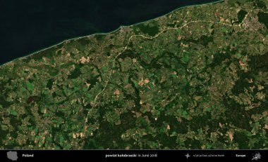 powiat kolobrzeski. Copernicus Sentinel 'in Haziran 2018' de çekilmiş uydu görüntüsü üzerine Polonya 'nın idari bölgesi