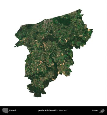 powiat kolobrzeski. Polonya idari bölgesi, Haziran 2021 'de çekilen Kopernik Nöbetçi karolarından oluşan bir uydu görüntüsü üzerinde beyaza izole edildi.