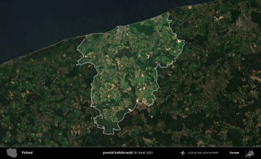 powiat kolobrzeski. Polonya 'nın idari alanı, Haziran 2021' de çekilen Kopernik Nöbetçi karolarından oluşan koyu renkli bir uydu görüntüsüyle vurgulandı ve özetlendi