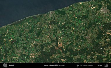 powiat kolobrzeski. Copernicus Sentinel 'in Haziran 2021' de çekilmiş uydu görüntüsü üzerine Polonya 'nın idari bölgesi