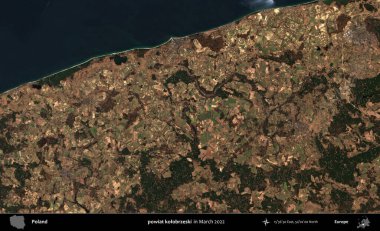 powiat kolobrzeski. Copernicus Sentinel 'in Mart 2022' de çekilmiş uydu görüntüsü üzerine Polonya 'nın idari bölgesi.