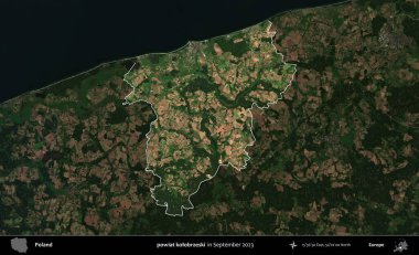 powiat kolobrzeski. Polonya 'nın idari alanı, Eylül 2023' te çekilen Kopernik Nöbetçi karolarından oluşan koyu renkli bir uydu görüntüsü üzerine vurgulandı ve özetlendi.