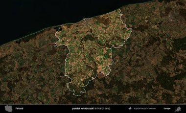 powiat kolobrzeski. Polonya 'nın idari alanı, Mart 2025' te çekilen Kopernik Nöbetçi karolarından oluşan koyu renkli bir uydu görüntüsü üzerine vurgulandı ve özetlendi
