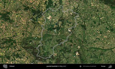 powiat koninski. Mayıs 2017 'de çekilen Kopernik Nöbetçi karolarından oluşan bir uydu görüntüsü üzerine Polonya' nın idari bölgesinin ana hatlarını belirledik.