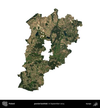 powiat koninski. Polonya idari bölgesi, Eylül 2024 'te çekilen Kopernik Nöbetçi karolarından oluşan bir uydu görüntüsü üzerinde beyaza izole edildi.