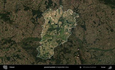 powiat koninski. Polonya 'nın idari alanı, Eylül 2024' te çekilen Kopernik Nöbetçi karolarından oluşan koyu renkli bir uydu görüntüsü üzerine vurgulandı ve özetlendi