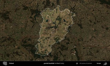 powiat koninski. Polonya 'nın idari alanı, Mart 2025' te çekilen Kopernik Nöbetçi karolarından oluşan koyu renkli bir uydu görüntüsü üzerine vurgulandı ve özetlendi