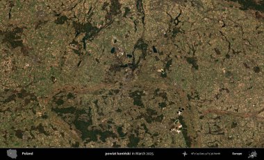 powiat koninski. Copernicus Sentinel 'in Mart 2025' te çekilmiş uydu görüntüsü üzerine Polonya 'nın idari bölgesi