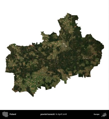 powiat konecki. Polonya idari bölgesi, Nisan 2018 'de çekilen Kopernik Nöbetçi karolarından oluşan bir uydu görüntüsü üzerinde beyaza izole edildi.