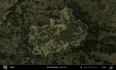 powiat konecki. Polonya 'nın idari alanı, Nisan 2018' de çekilen Kopernik Nöbetçi karolarından oluşan koyu renkli bir uydu görüntüsü üzerine vurgulandı ve özetlendi