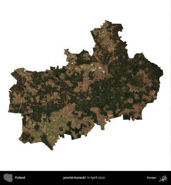 powiat konecki. Polonya idari bölgesi, Nisan 2020 'de çekilen Kopernik Nöbetçi karolarından oluşan bir uydu görüntüsü üzerinde beyaza izole edildi.