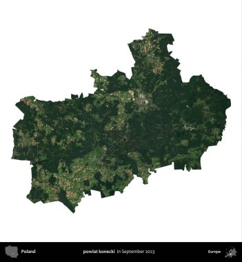 powiat konecki. Polonya idari bölgesi, Eylül 2023 'te çekilen Kopernik Nöbetçi karolarından oluşan bir uydu görüntüsü üzerinde beyaza izole edildi.