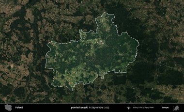 powiat konecki. Polonya 'nın idari alanı, Eylül 2023' te çekilen Kopernik Nöbetçi karolarından oluşan koyu renkli bir uydu görüntüsü üzerine vurgulandı ve özetlendi.