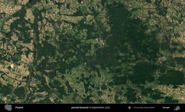 powiat konecki. Eylül 2023 'te Copernicus Sentinel karolarından oluşan uydu görüntüsü üzerine Polonya' nın idari bölgesi