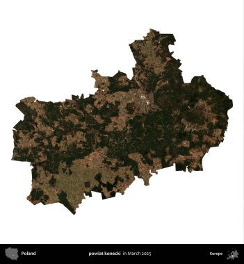 powiat konecki. Polonya idari bölgesi, Mart 2025 'te çekilen Kopernik Nöbetçi karolarından oluşan bir uydu görüntüsü üzerinde beyaza izole edildi.