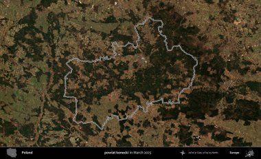 powiat konecki. Polonya 'nın idari bölgesinin ana hatları, Mart 2025' te çekilen Kopernik Nöbetçi karolarından oluşan bir uydu görüntüsü üzerine çizildi.