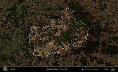 powiat konecki. Polonya 'nın idari alanı, Mart 2025' te çekilen Kopernik Nöbetçi karolarından oluşan koyu renkli bir uydu görüntüsü üzerine vurgulandı ve özetlendi