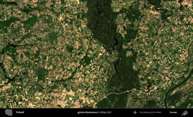 gmina Koronowo. Copernicus Sentinel 'in Mayıs 2017' de çekilmiş uydu görüntüsü üzerine Polonya 'nın idari bölgesi.