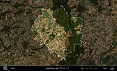 gmina Koronowo. Polonya 'nın idari alanı, Ekim 2018' de çekilen Kopernik Nöbetçi karolarından oluşan koyu renkli bir uydu görüntüsü üzerine vurgulandı ve özetlendi