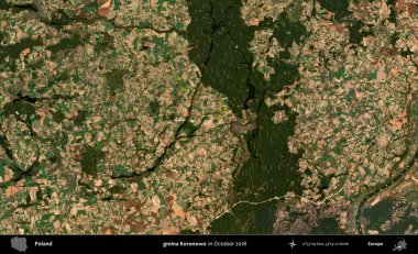 gmina Koronowo. Polonya 'nın idari bölgesi, Ekim 2018' de çekilen Kopernik Sentinel karolarından oluşan bir uydu görüntüsü üzerine kurulmuştur.