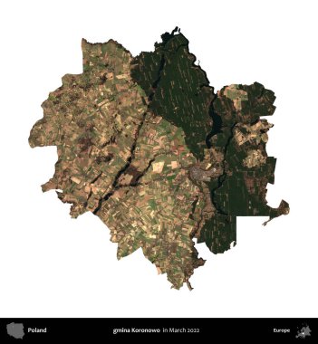 gmina Koronowo. Polonya idari bölgesi, Mart 2022 'de çekilen Kopernik Nöbetçi karolarından oluşan bir uydu görüntüsü üzerinde beyaza izole edildi.