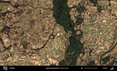 gmina Koronowo. Copernicus Sentinel 'in Mart 2022' de çekilmiş uydu görüntüsü üzerine Polonya 'nın idari bölgesi.