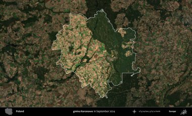 gmina Koronowo. Polonya 'nın idari alanı, Eylül 2024' te çekilen Kopernik Nöbetçi karolarından oluşan koyu renkli bir uydu görüntüsü üzerine vurgulandı ve özetlendi