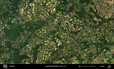 powiat koscianski. Copernicus Sentinel 'in Mayıs 2017' de çekilmiş uydu görüntüsü üzerine Polonya 'nın idari bölgesi.