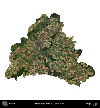 powiat koscianski. Polonya 'nın idari bölgesi, Ekim 2017' de çekilen Kopernik Nöbetçi karolarından oluşan bir uydu görüntüsü üzerinde beyaza izole edildi.