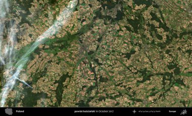 powiat koscianski. Polonya 'nın idari bölgesi, Ekim 2017' de çekilen Kopernik Sentinel karolarından oluşan bir uydu görüntüsü üzerine kurulmuştur.