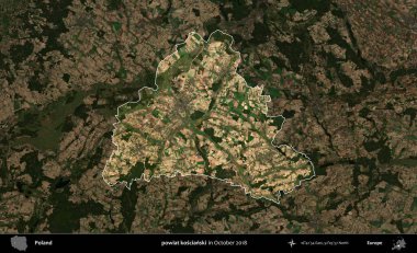 powiat koscianski. Polonya 'nın idari alanı, Ekim 2018' de çekilen Kopernik Nöbetçi karolarından oluşan koyu renkli bir uydu görüntüsü üzerine vurgulandı ve özetlendi