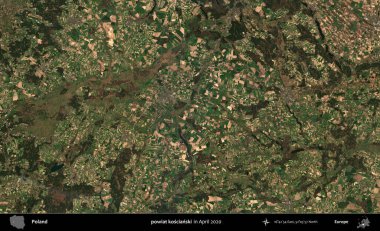 powiat koscianski. Nisan 2020 'de Copernicus Sentinel karolarından oluşan bir uydu görüntüsü üzerine Polonya' nın idari bölgesi