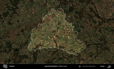 powiat koscianski. Polonya 'nın idari alanı, Mart 2025' te çekilen Kopernik Nöbetçi karolarından oluşan koyu renkli bir uydu görüntüsü üzerine vurgulandı ve özetlendi