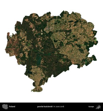 powiat koscierski. Polonya idari bölgesi, Haziran 2018 'de çekilen Kopernik Nöbetçi karolarından oluşan bir uydu görüntüsü üzerinde beyaza izole edildi.