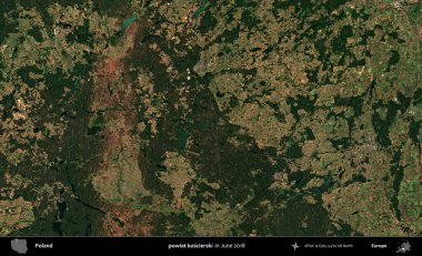 powiat koscierski. Copernicus Sentinel 'in Haziran 2018' de çekilmiş uydu görüntüsü üzerine Polonya 'nın idari bölgesi