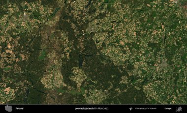 powiat koscierski. Copernicus Sentinel 'in Mayıs 2023' te çekilmiş uydu görüntüsü üzerine Polonya 'nın idari bölgesi.