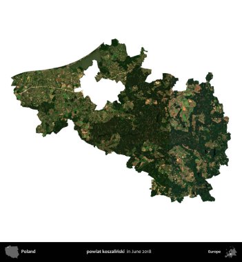 powiat koszalinski. Polonya idari bölgesi, Haziran 2018 'de çekilen Kopernik Nöbetçi karolarından oluşan bir uydu görüntüsü üzerinde beyaza izole edildi.