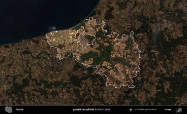 powiat koszalinski. Polonya 'nın idari alanı, Mart 2022' de çekilen Kopernik Nöbetçi karolarından oluşan koyu renkli bir uydu görüntüsü üzerine vurgulandı ve özetlendi.