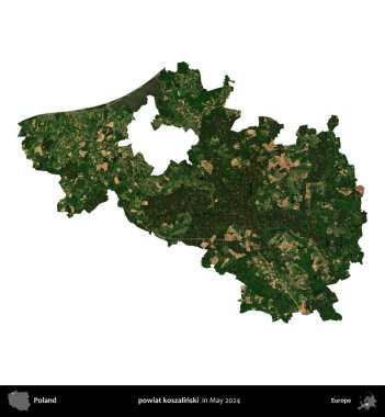 powiat koszalinski. Polonya 'nın idari bölgesi, Mayıs 2024' te çekilen Kopernik Nöbetçi Fayanslarından oluşan bir uydu görüntüsü üzerinde beyaza izole edildi.